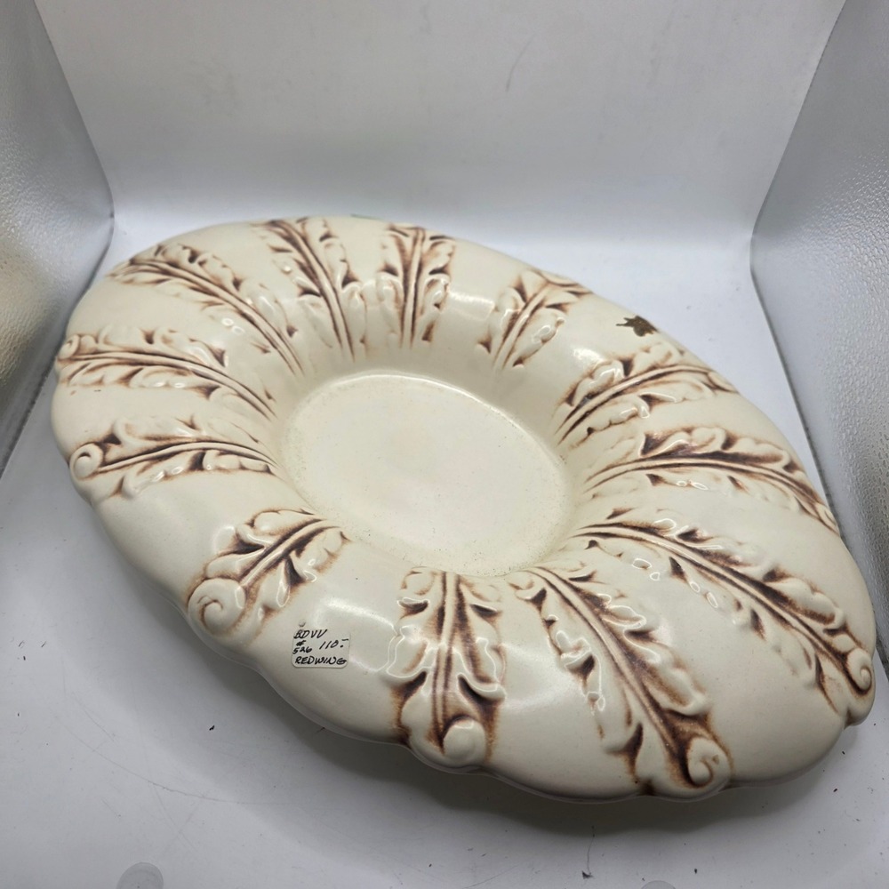 Vintage Red Wing Pottery #526 Acanthus Leaf Console Bowl 16" Ivory Brown 1940s
